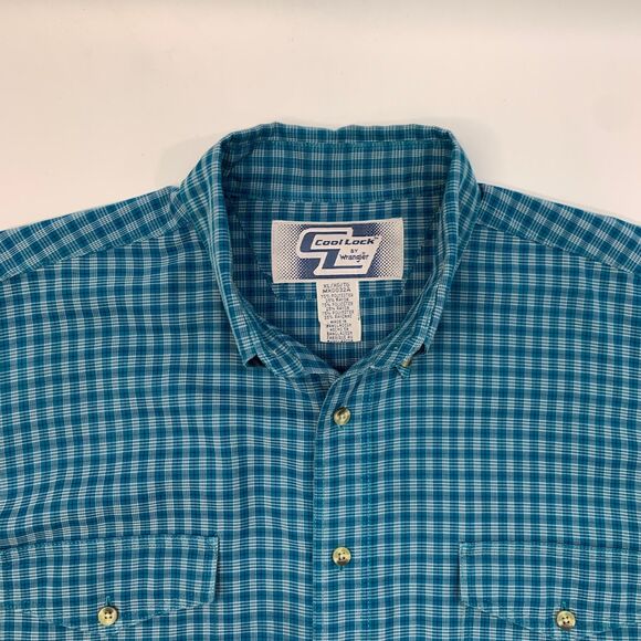Wrangler Cool Lock Shirt Mens XL Extra Large Teal Button Up Plaid Long Sleeve - Picture 4 of 11